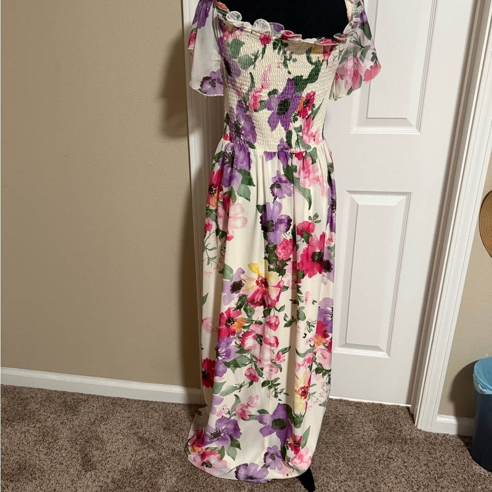 Floral Maxi Dress with Purple and Pink Accents
